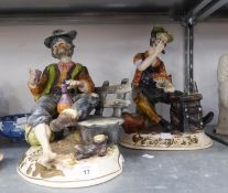 TWO LARGE CAPO-DI MONTE FIGURES, ONE OF A COBBLER AND ANOTHER 'TRAMP ON BENCH' (2)