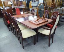 A REPRODUCTION MAHOGANY EXTENDING DINING TABLE,  WITH TWO EXTRA LEAVES AND A SET OF 10 MATCHING