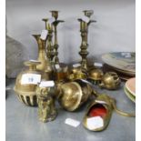 A SELECTION OF BENARES BRASSWARES TO INCLUDE; TWO INDIAN CANDLESTICKS, ANOTHER PAIR OF CANDLESTICKS,