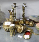 A SELECTION OF BENARES BRASSWARES TO INCLUDE; TWO INDIAN CANDLESTICKS, ANOTHER PAIR OF CANDLESTICKS,