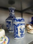 MODERN CHINESE BLUE AND WHITE HEXAGONAL VASE, 14 ¼? high, and a SIMILAR QUATREFOIL CANISTER WITH