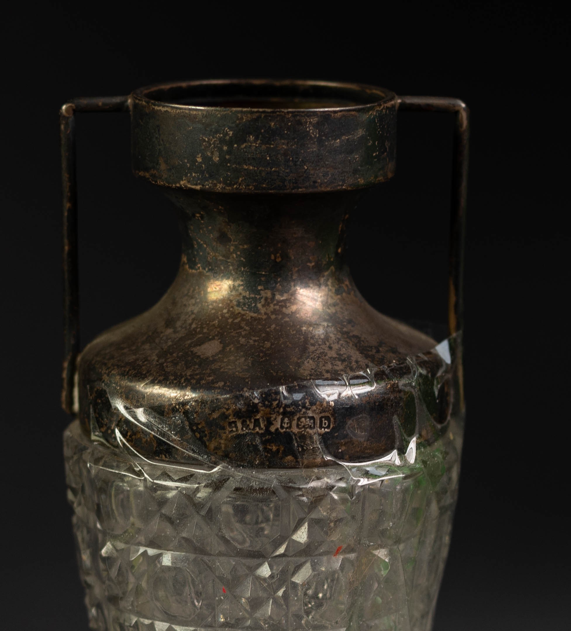 CUT GLASS SILVER TOPPED TWO HANDLE VASE having wire pattern angular handles and a step cut - Image 3 of 3
