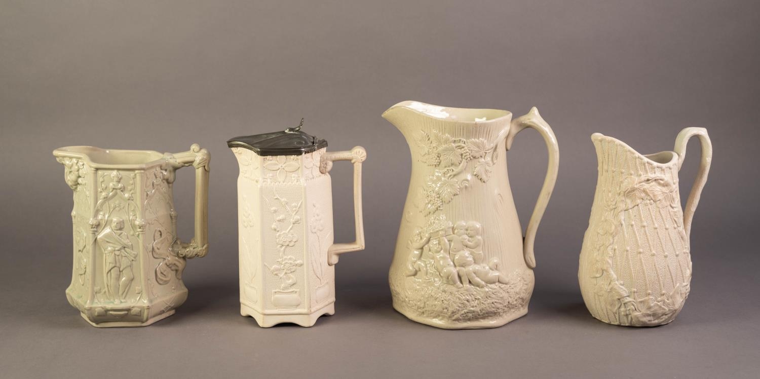 THREE UNATTRIBUTED NINETEENTH CENTURY OFF WHITE GLAZED AND RELIEF MOULDED POTTERY JUGS, including - Image 2 of 2