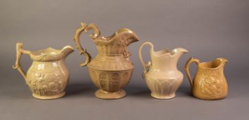 FOUR UNATTRIBUTED NINETEENTH CENTURY BUFF OR SIMILAR GLAZED AND MOULDED POTTERY JUGS, comprising: