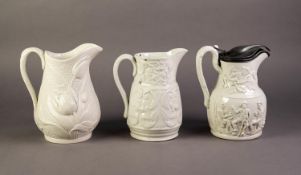 DUDSON OR ATTRIBUTED TO, THREE NINETEENTH CENTURY RELIEF MOULDED AND WHITE GLAZED POTTERY JUGS,