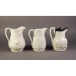DUDSON OR ATTRIBUTED TO, THREE NINETEENTH CENTURY RELIEF MOULDED AND WHITE GLAZED POTTERY JUGS,