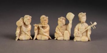 SET OF THREE EARLY 20th CENTURY JAPANESE CARVED ONE PIECE IVORY FEMALE FIGURES, each seated