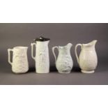 FOUR NINETEENTH CENTURY WHITE GLAZED AND RELIEF MOULDED POTTERY JUGS, comprising: a LIDDED
