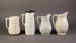 FOUR NINETEENTH CENTURY WHITE GLAZED AND RELIEF MOULDED POTTERY JUGS, comprising: a LIDDED