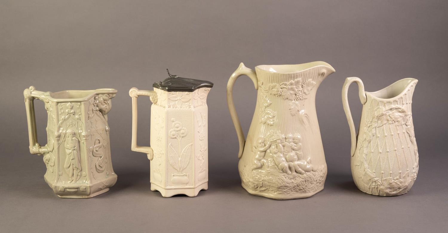 THREE UNATTRIBUTED NINETEENTH CENTURY OFF WHITE GLAZED AND RELIEF MOULDED POTTERY JUGS, including