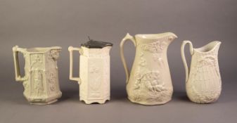 THREE UNATTRIBUTED NINETEENTH CENTURY OFF WHITE GLAZED AND RELIEF MOULDED POTTERY JUGS, including