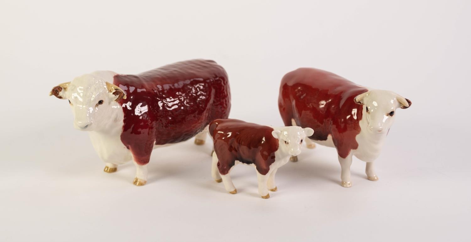 BESWICK POTTERY FAMILY OF HEREFORD CATTLE, comprising: ?CHAMPION OF CHAMPIONS? BULL (136A), COW (