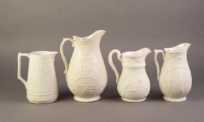 FOUR UNATTRIBUTED NINETEENTH CENTURY WHITE GLAZED POTTERY JUGS RELIEF MOULDED WITH FOLIAGE,