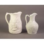 TWO UNATTRIBUTED NINETEENTH CENTURY WHITE GLAZED AND RELIEF MOULDED POTTERY JUGS, comprising: ONE