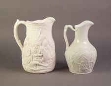 TWO UNATTRIBUTED NINETEENTH CENTURY WHITE GLAZED AND RELIEF MOULDED POTTERY JUGS, comprising: ONE