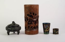 MIXED LOT OF ORIENTAL WARES, comprising: PATINATED BRONZE KORO AND COVER, cast with dragons and