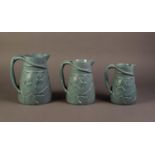 ATTRIBUTED TO RIDGWAYS, GRADUATED SET OF THREE NINETEENTH CENTURY MOULDED AND BLUE GLAZED POTTERY