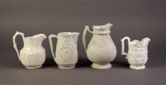 FOUR NINETEENTH CENTURY WHITE GLAZED AND RELIEF MOULDED POTTERY JUGS, comprising: ONE ATTRIBUTED