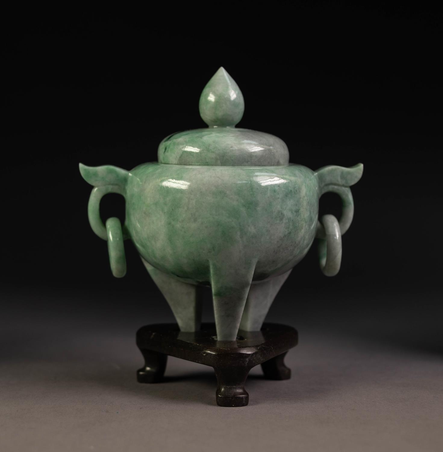 CHINESE PALE GREEN JADE CENSER with globular body, two ring and captive ring handles, low domed - Image 3 of 3