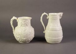 WILLIAM BROWNFIELD OR ATTRIBUTED TO, TWO NINETEENTH CENTURY RELIEF MOULDED POTTERY JUGS GLAZED IN