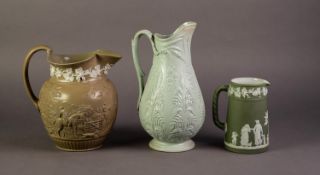 TWO NINETEENTH CENTURY WEDGWOOD RELIEF MOULDED POTTERY JUGS, one modelled with hunting scenes