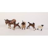 FOUR BESWICK POTTERY MODELS OF ANIMALS, comprising: DONKEY, TWO BROWN FOALS, one facing right, the