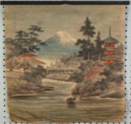 FIVE, PROBABLY PRE-WAR JAPANESE, WATERCOLOUR DRAWINGS ON WOVEN FABRIC - RIVER OR LAKESIDE