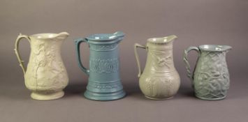 FOUR UNATTRIBUTED NINETEENTH CENTURY RELIEF MOULDED JUGS IN COLOURED GLAZES, comprising: TWO IN