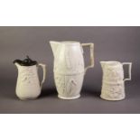 COPELAND OR ATTRIBUTED TO, THREE NINETEENTH CENTURY RUSTIC MOULDED AND WHITE GLAZED POTTERY JUGS,
