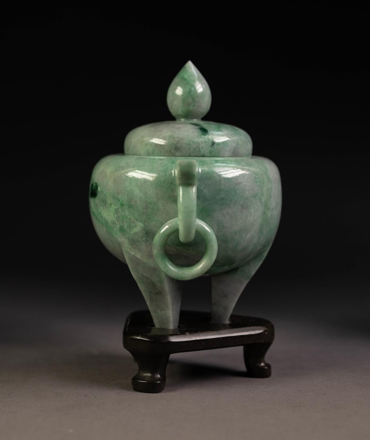 CHINESE PALE GREEN JADE CENSER with globular body, two ring and captive ring handles, low domed - Image 2 of 3