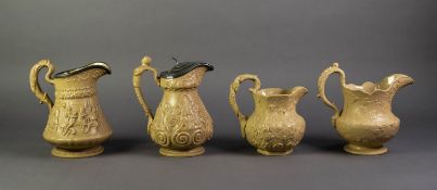 TWO WILLIAM RIDGWAY LIDDED AND BUFF GLAZED, RELIEF MOULDED POTTERY JUGS, including one moulded