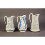 THOMAS TILL & SON OR ATTRIBUTED TO, THREE NINETEENTH CENTURY RELIEF MOULDED POTTERY JUGS, one in