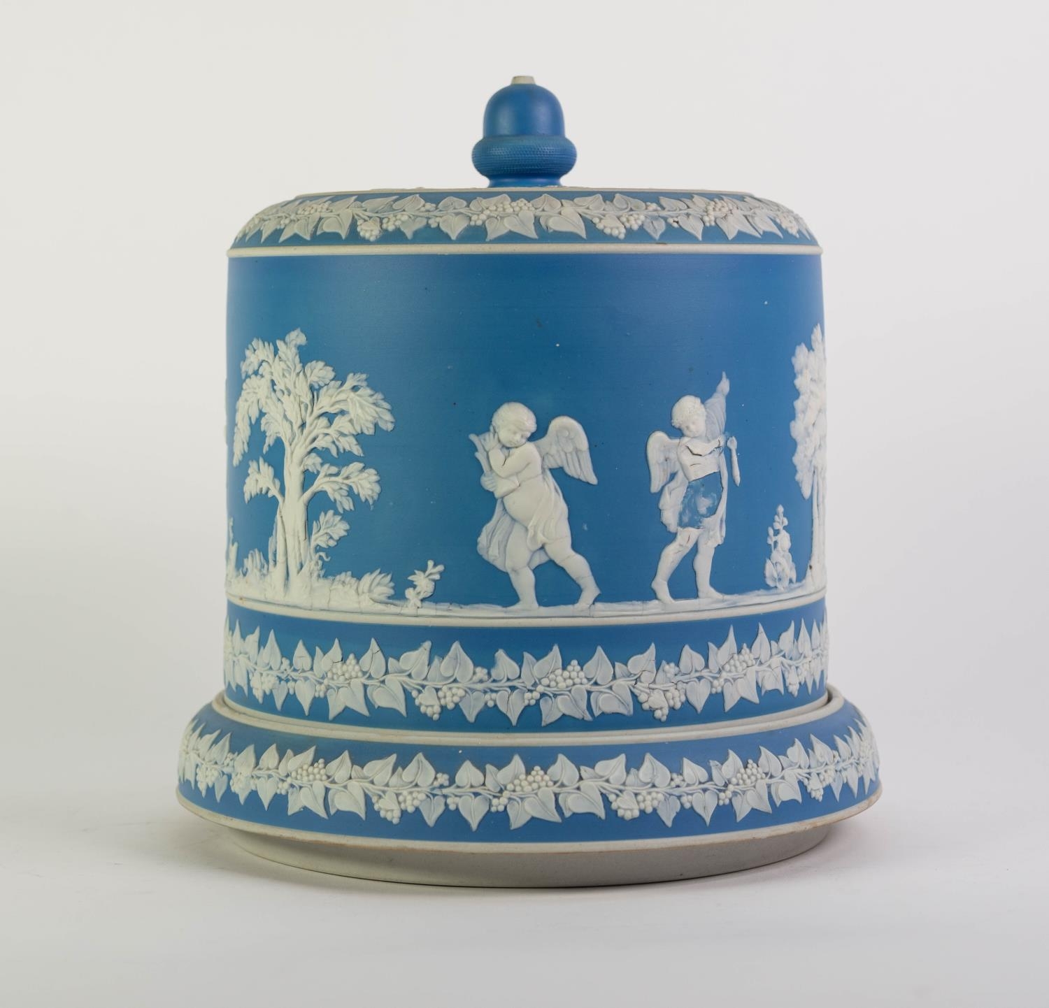 PROBABLY WEDGWOOD PALE BLUE DIPPED JASPERWARE POTTERY CHEESE DOME AND STAND, of typical form with - Image 2 of 3