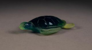 MODERN DAUM BLUE AND GREEN MOULDED GLASS MODEL OF A TURTLE, 4 ¾? (12cm) long, engraved mark, with