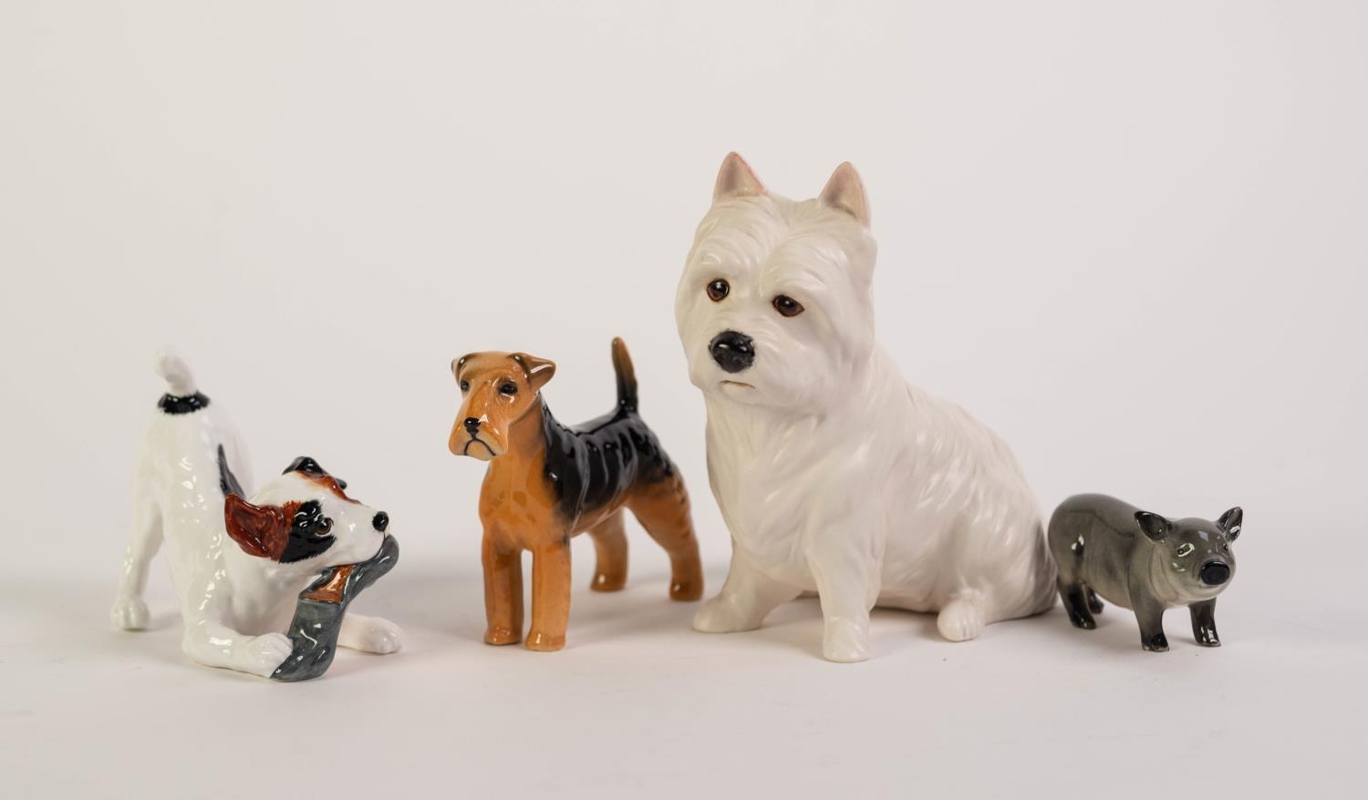 THREE ROYAL DOULTON CHINA MODELS, comprising: TWO OF DOGS, including a terrier chewing a slipper,