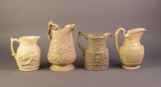 THREE UNATTRIBUTED NINETEENTH CENTURY BUFF GLAZED AND RELIEF MOULDED POTTERY JUGS, comprising: ONE