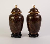 PAIR OF MODERN CHINESE CLOISONNÉ VASES WITH COVERS, each of ovoid form with domed cover, decorated