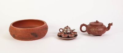 A CHINESE REPUBLIC PERIOD YIXING RED EARTHENWARE WHITE METAL APPLIED MINIATURE RICE-WINE SET,