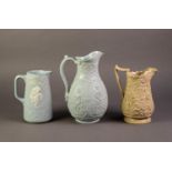 WILLIAM BROWNFIELD OR ATTRIBUTED TO, THREE NINETEENTH CENTURY RELIEF MOULDED POTTERY JUGS IN