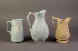 WILLIAM BROWNFIELD OR ATTRIBUTED TO, THREE NINETEENTH CENTURY RELIEF MOULDED POTTERY JUGS IN