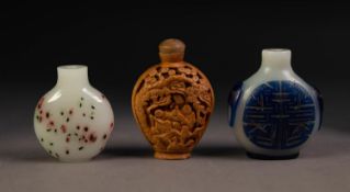 CHINESE WHITE OPAQUE AND DARK BLUE OVERLAID GLASS SNUFF BOTTLE, moon flask shaped, with carved