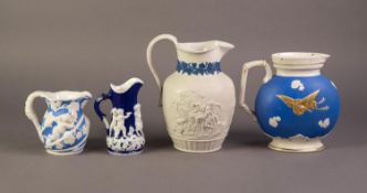 FOUR UNATTRIBUTED NINETEENTH CENTURY BLUE AND WHITE RELIEF MOULDED POTTERY JUGS, comprising: ONE