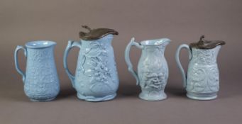 FOUR UNATTRIBUTED NINETEENTH CENTURY BLUE GLAZED AND RELIEF MOULDED POTTERY JUG, comprising: A