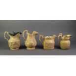 FOUR UNATTRIBUTED NINETEENTH CENTURY BUFF GLAZED AND RELIEF MOULDED POTTERY JUGS, including a LIDDED