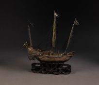 CHINESE SILVER PLATED MODEL OF A THREE-MASTED FIGHTING JUNK with figures, canons, ten oars, numerous