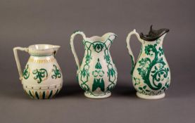 WILLIAM BROWNFIELD OR ATTRIBUTED TO, THREE NINETEENTH CENTURY RELIEF MOULDED POTTERY JUGS,