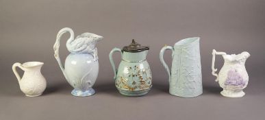 FIVE UNATTRIBUTED NINETEENTH CENTURY RELIEF MOULDED POTTERY JUGS, comprising: ONE, IN BLUE,