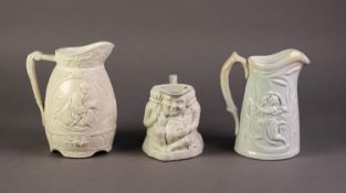 CORK & EDGE OR ATTRIBUTED TO, TWO NINETEENTH CENTURY RELIEF MOULDED AND WHITE GLAZED POTTERY JUGS,