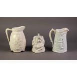 CORK & EDGE OR ATTRIBUTED TO, TWO NINETEENTH CENTURY RELIEF MOULDED AND WHITE GLAZED POTTERY JUGS,