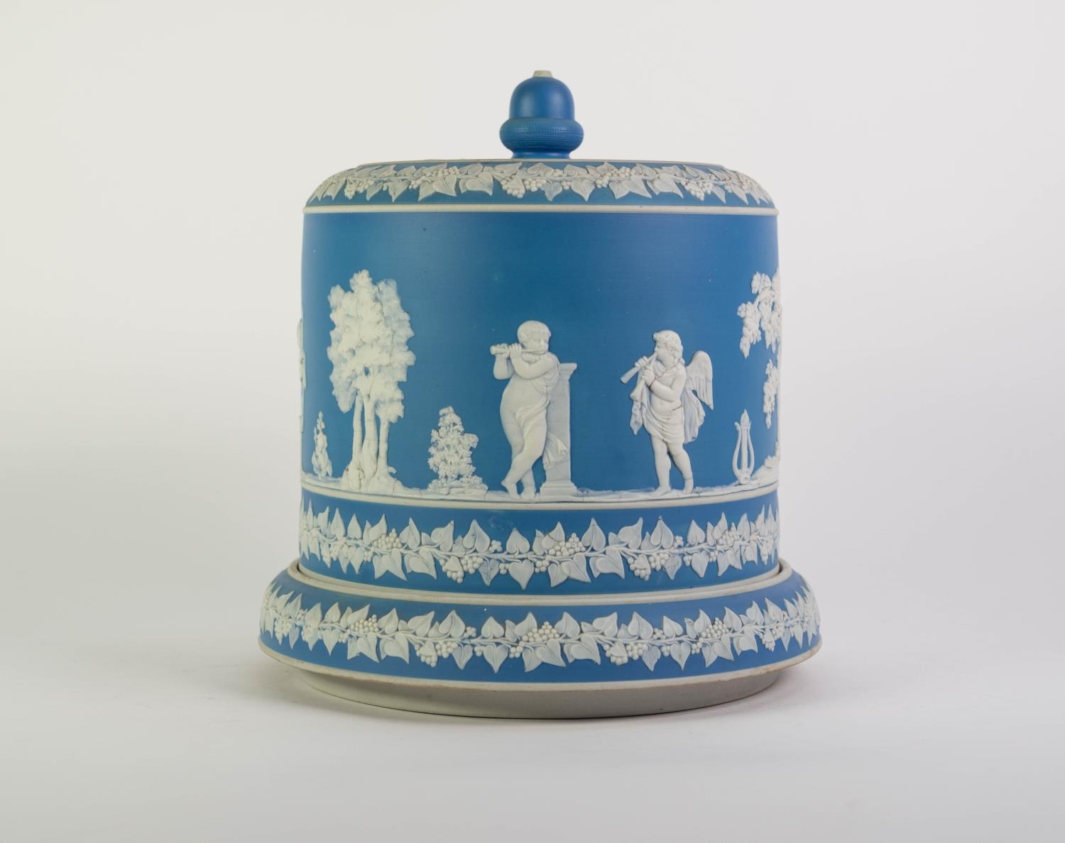 PROBABLY WEDGWOOD PALE BLUE DIPPED JASPERWARE POTTERY CHEESE DOME AND STAND, of typical form with
